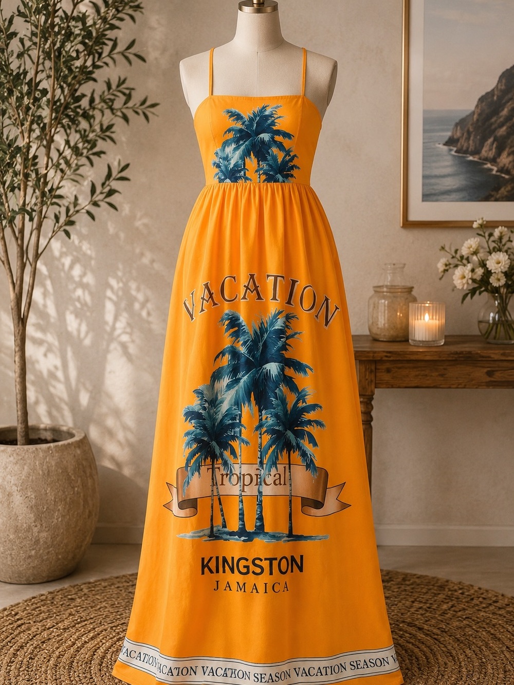 Kingston Tropical Palm Print Orange Maxi Dress